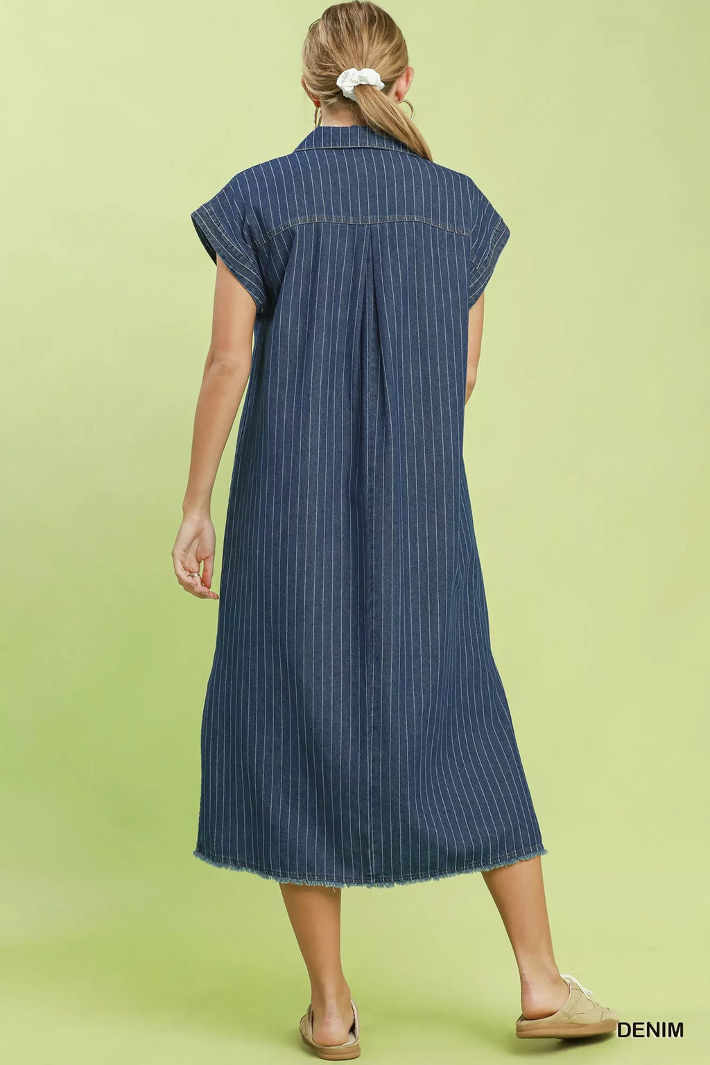 Umgee Pinstripe Denim Collared Midi Dress with Side Slits DENIM view 3 (dress) - umgee pink stripe dres - shop at us.meeeshop