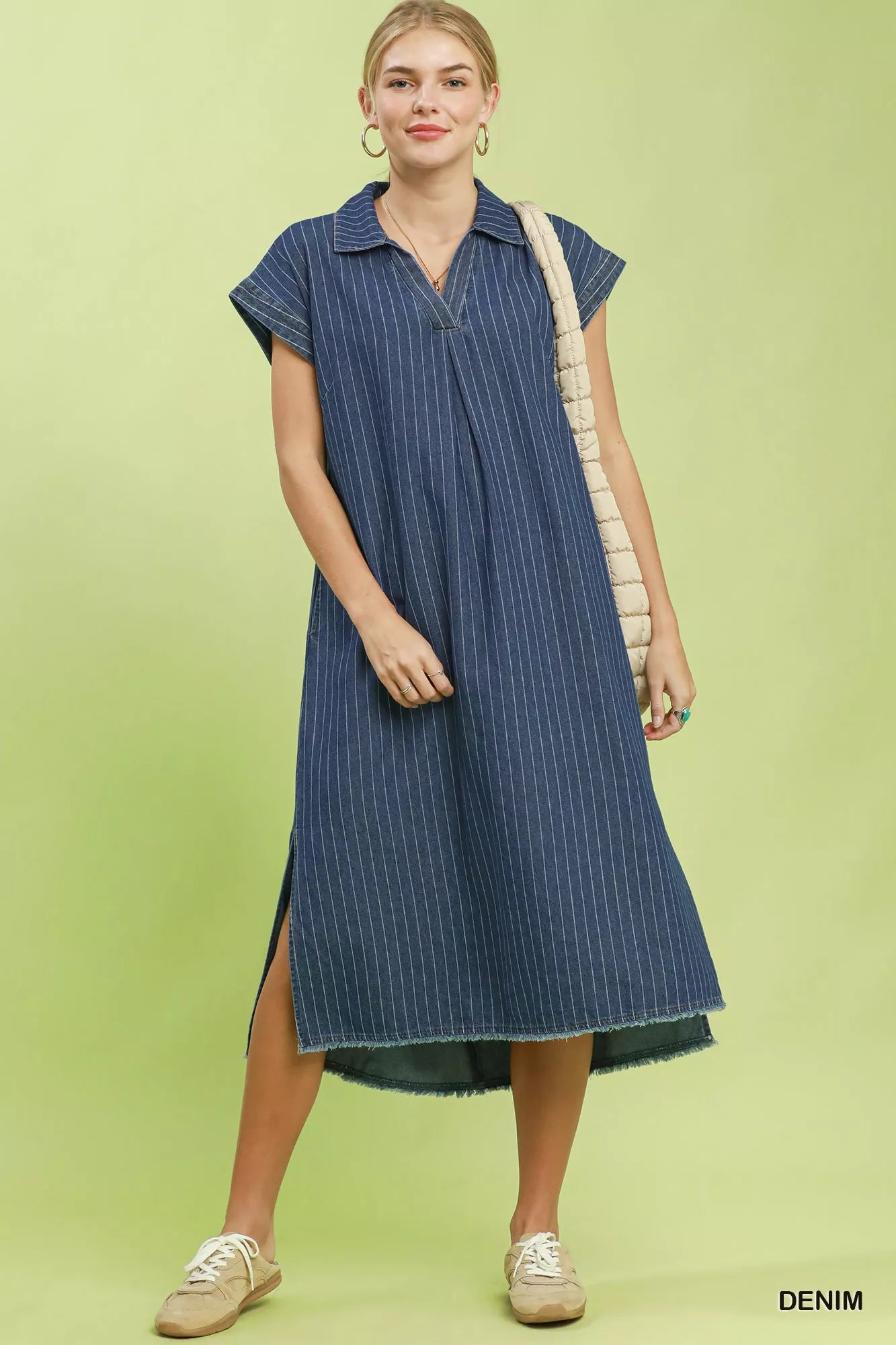 Umgee Pinstripe Denim Collared Midi Dress with Side Slits view 4 (dress) - umgee pink stripe dress, umg - shop at us.meeeshop