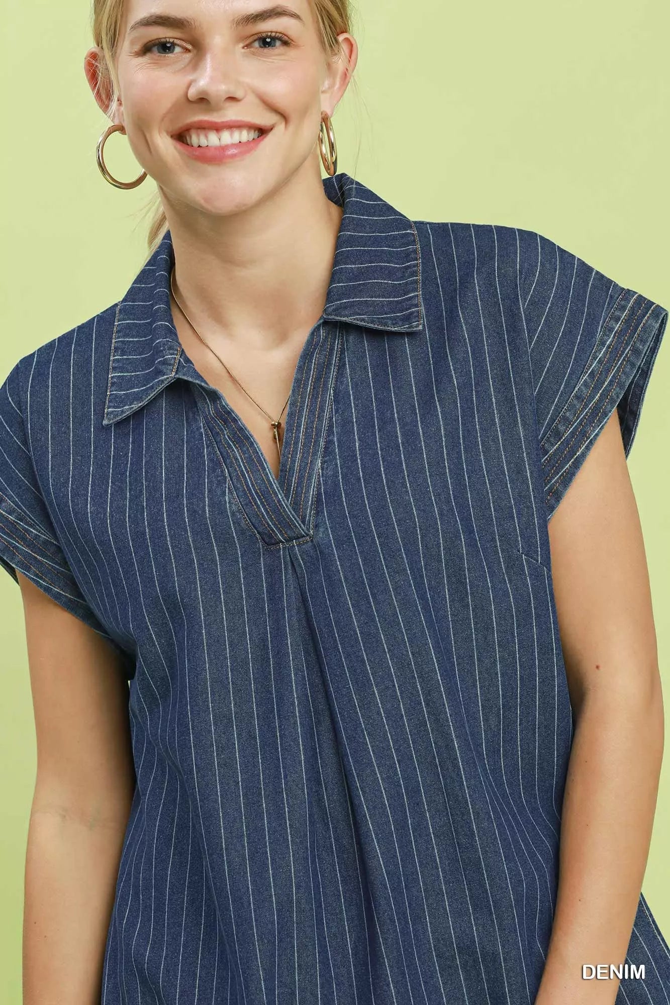 Umgee Pinstripe Denim Collared Midi Dress with Side Slits view 5 (dress) - umgee pink stripe dress, umg - shop at us.meeeshop