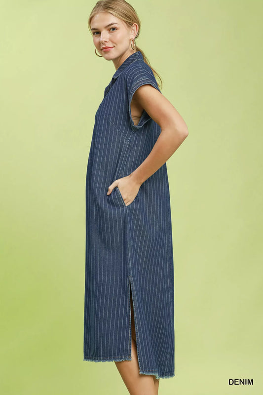 umgee pinstripe denim Umgee Pinstripe Denim Collared Midi Dress with Side Slits view 2 (dress) - shop at us.meeeshop