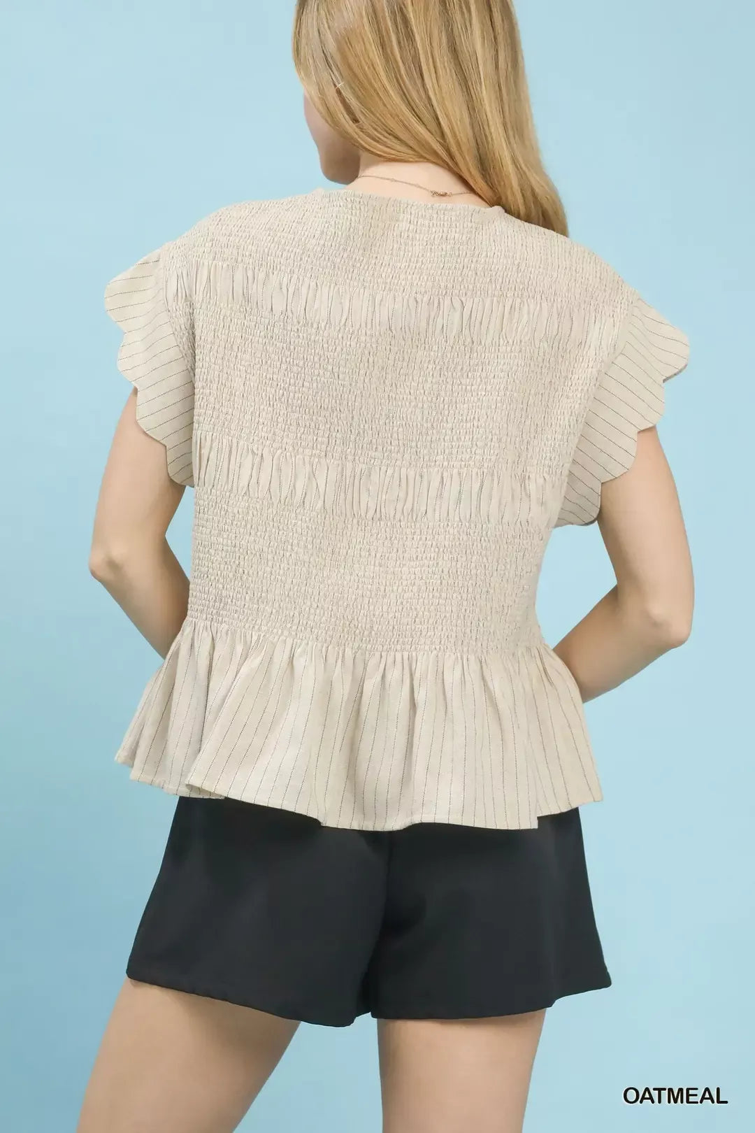 umgee pinstripe smocked Umgee Pinstripe Smocked Peplum Top view 3 (top) - shop at us.meeeshop