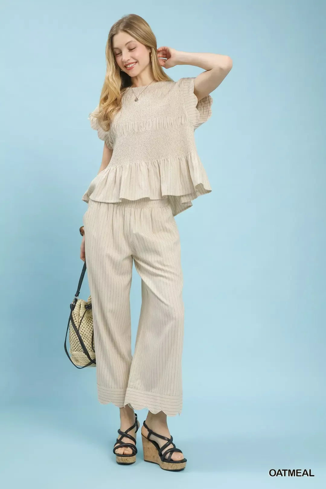 umgee pinstripe smocked Umgee Pinstripe Smocked Peplum Top view 6 (top) - shop at us.meeeshop