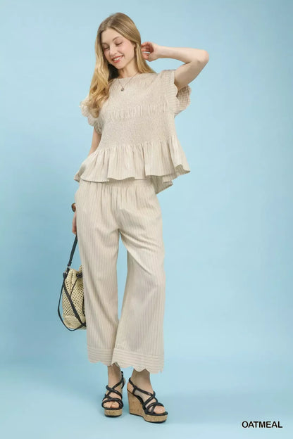 umgee pinstripe smocked Umgee Pinstripe Smocked Peplum Top view 6 (top) - shop at us.meeeshop