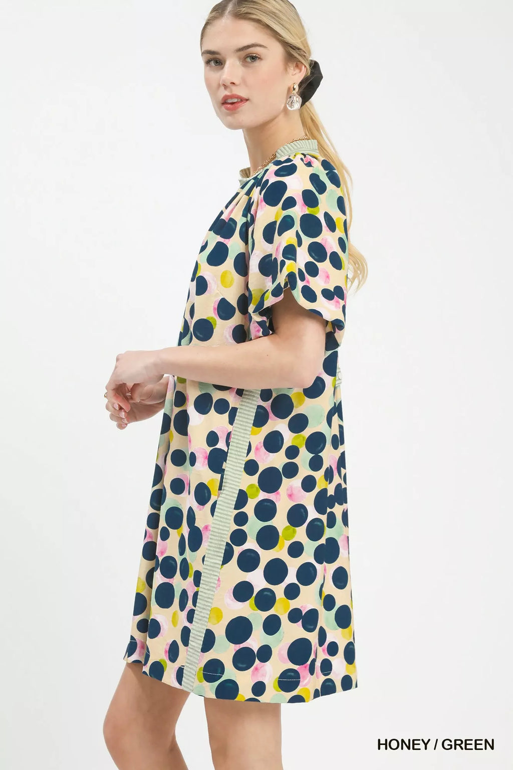 Umgee Polka Dot Print Tunic Dress HONEY / GREEN view 2 (dress) - pol dress, pol tunic dress, pol umgee  - shop at us.meeeshop