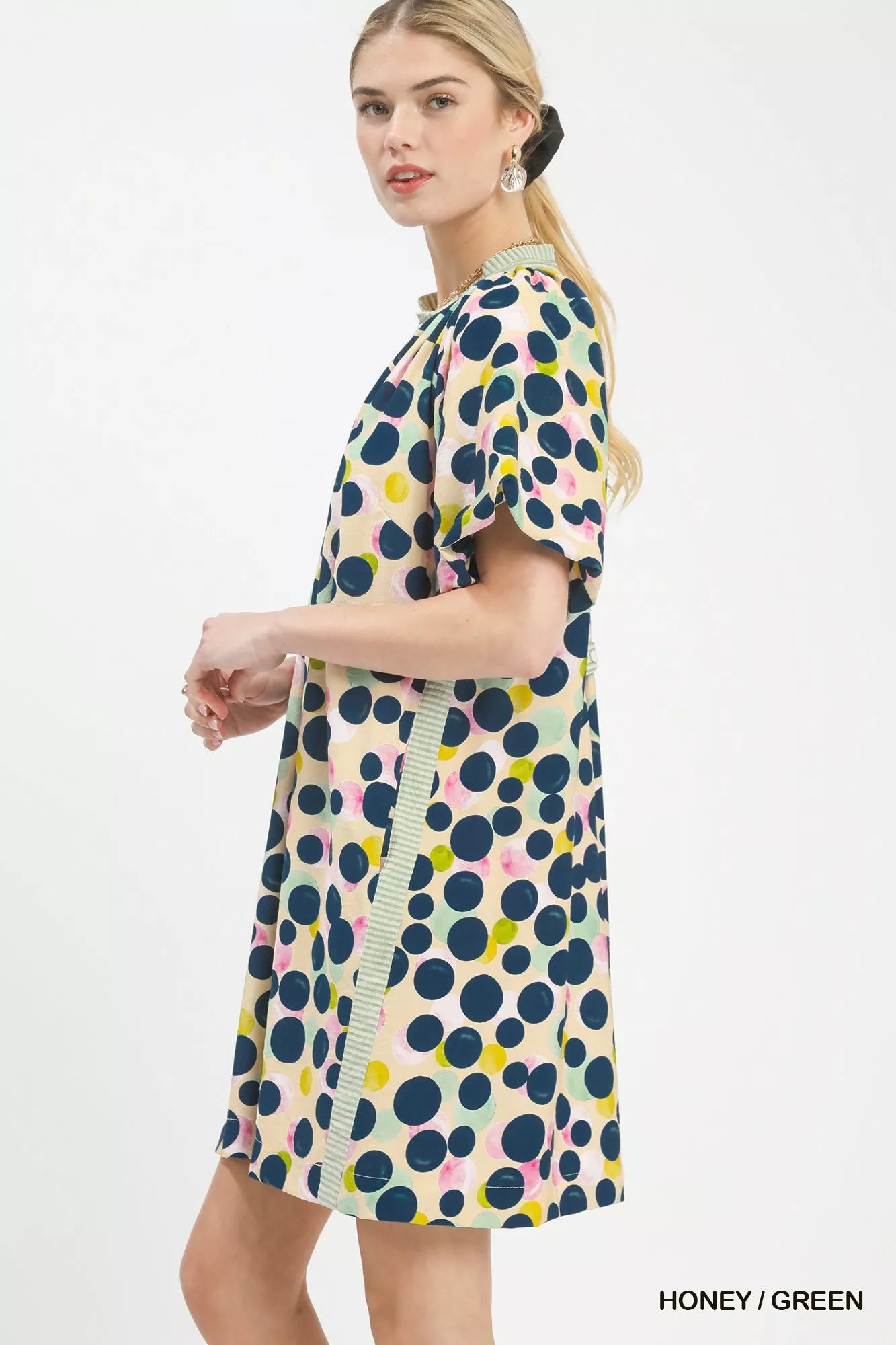 Umgee Polka Dot Print Tunic Dress HONEY / GREEN view 2 (dress) - pol dress, pol tunic dress, pol umgee  - shop at us.meeeshop