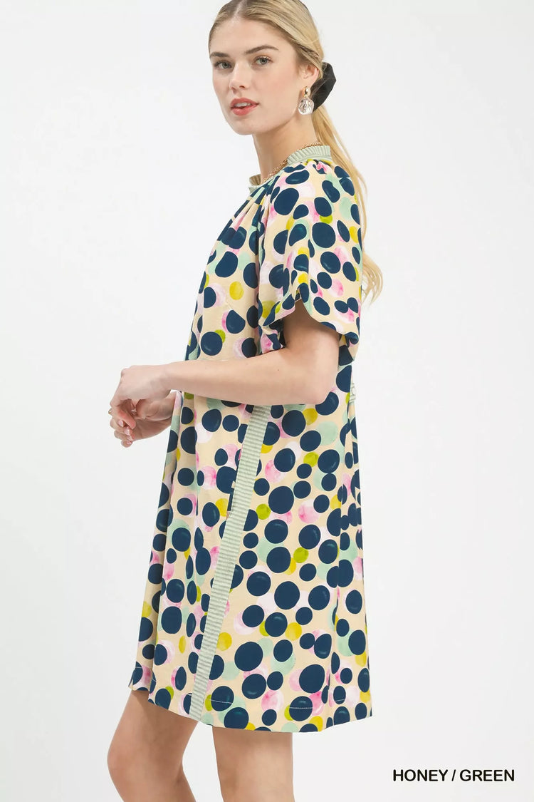 Umgee Polka Dot Print Tunic Dress HONEY / GREEN view 2 (dress) - pol dress, pol tunic dress, pol umgee  - shop at us.meeeshop