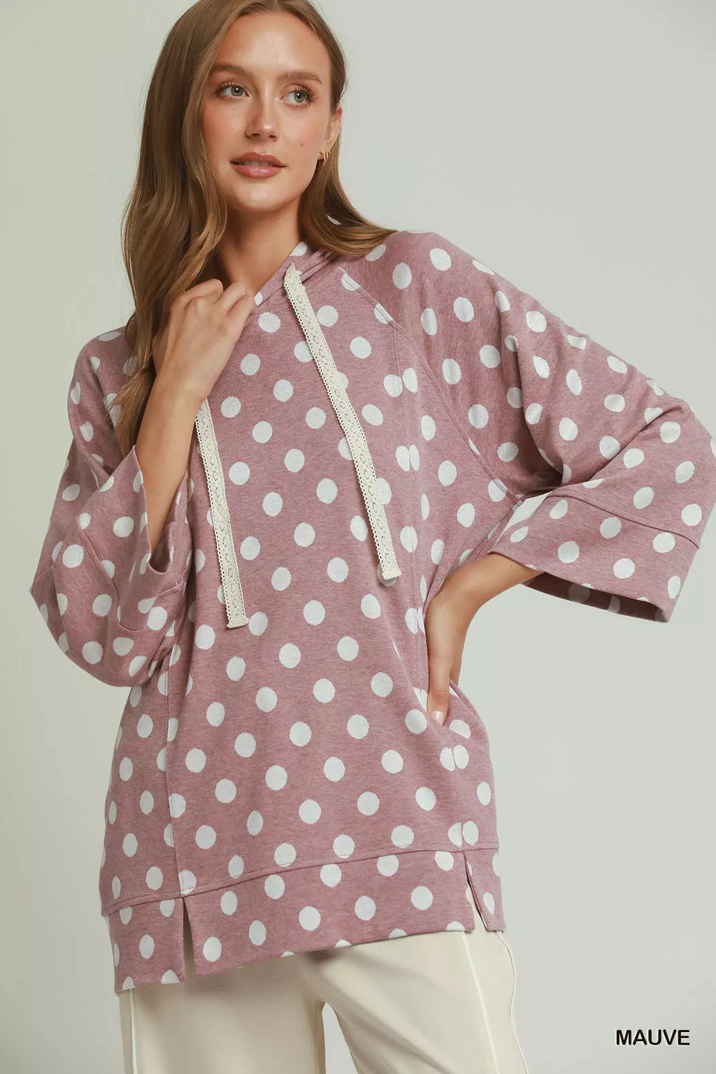 Umgee Polka Dot Printed Hoodie Tunic Top MAUVE (top) - polka hoodie, pol pullovers, pol hoodie sweater - shop at us.meeeshop