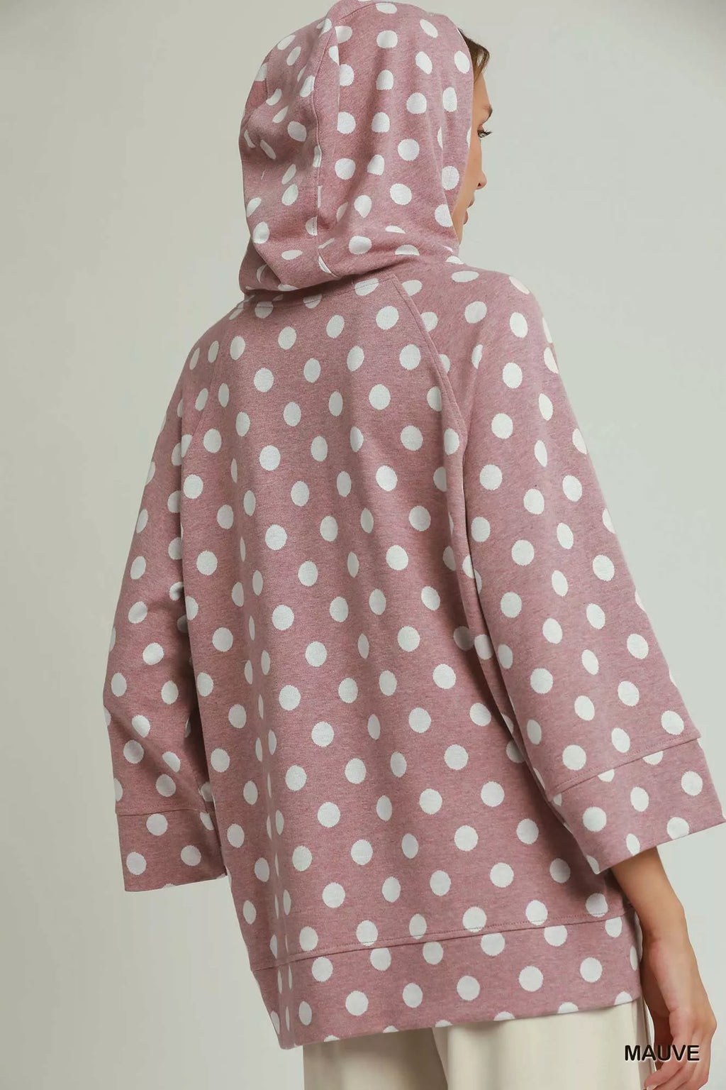 Umgee Polka Dot Printed Hoodie Tunic Top MAUVE view 2 (top) - polka hoodie, pol pullovers, pol hoodie s - shop at us.meeeshop