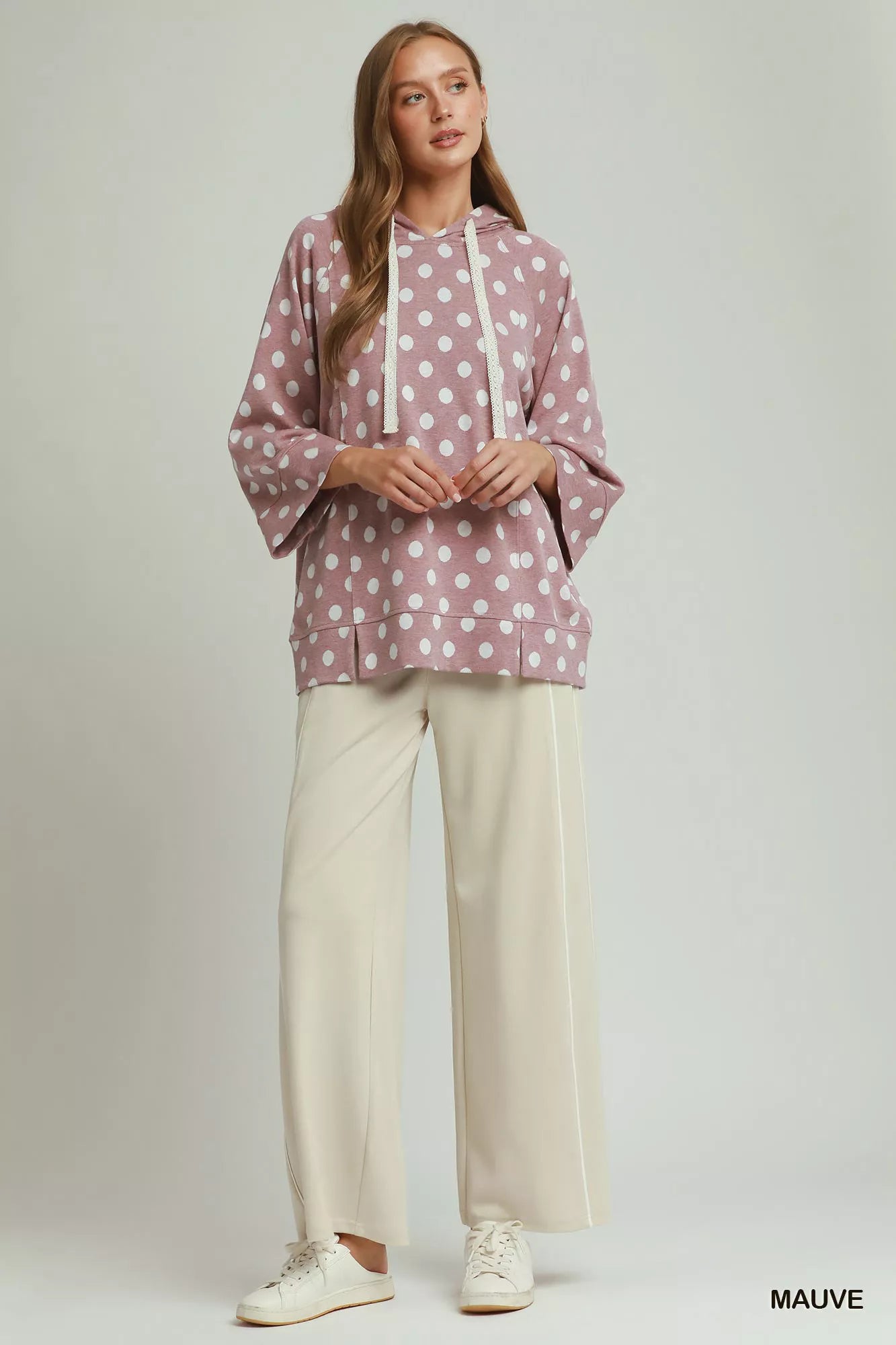 Umgee Polka Dot Printed Hoodie Tunic Top MAUVE view 3 (top) - polka hoodie, pol pullovers, pol hoodie s - shop at us.meeeshop