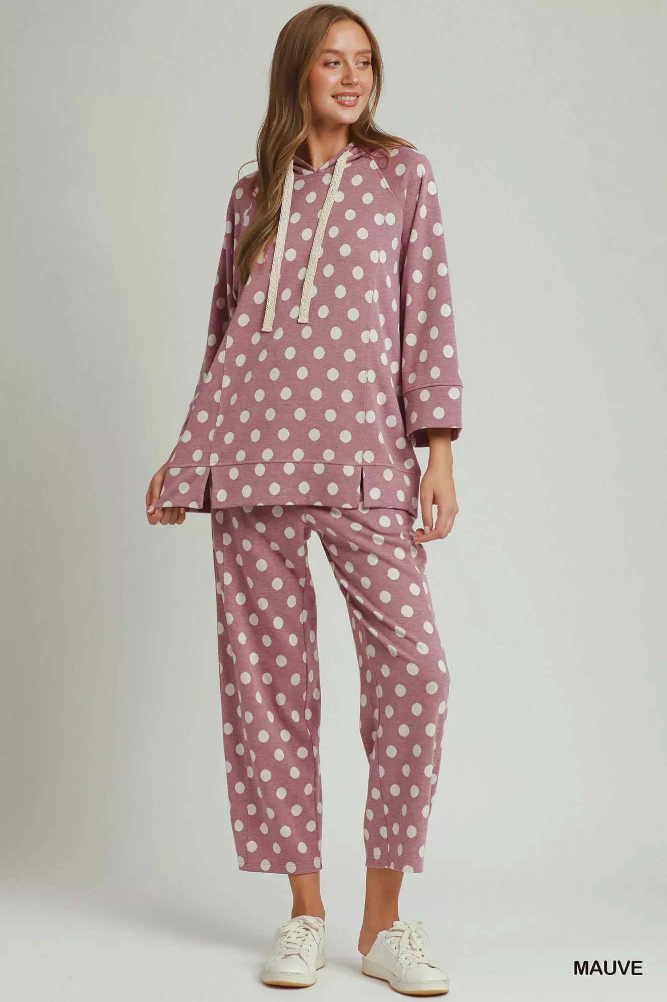 Umgee Polka Dot Printed Hoodie Tunic Top view 4 (top) - polka hoodie, pol pullovers, pol hoodie sweater - shop at us.meeeshop