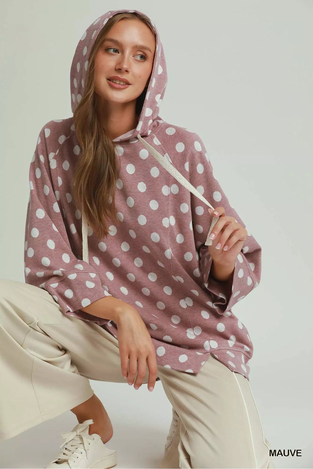 Umgee Polka Dot Printed Hoodie Tunic Top view 5 (top) - polka hoodie, pol pullovers, pol hoodie sweater - shop at us.meeeshop