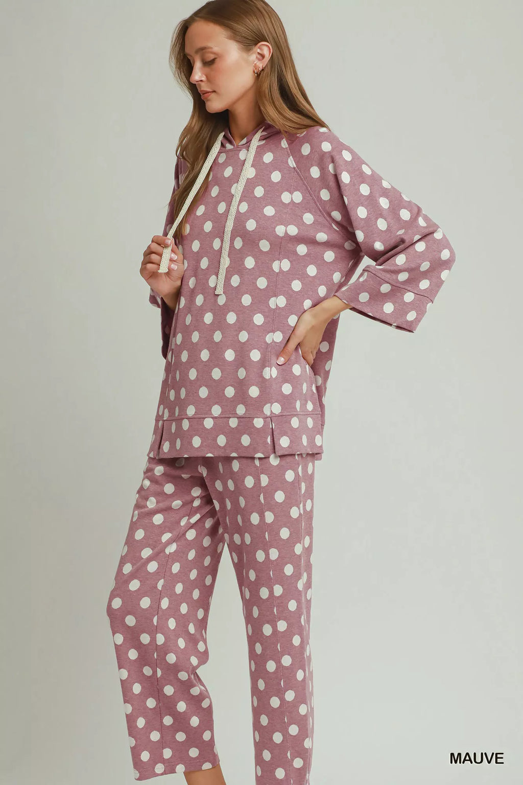 Umgee Polka Dot Printed Hoodie Tunic Top view 6 (top) - polka hoodie, pol pullovers, pol hoodie sweater - shop at us.meeeshop