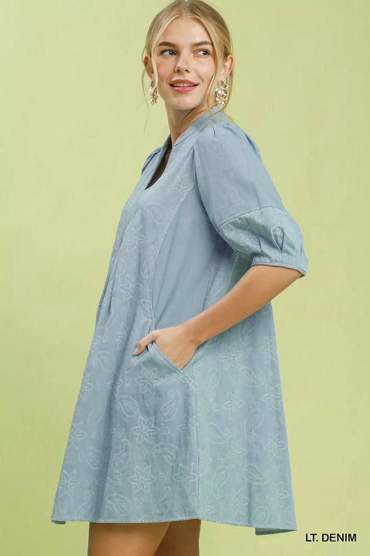 umgee print denim Umgee Print Denim Dress with Contrast Stitch view 2 (dress) - shop at us.meeeshop