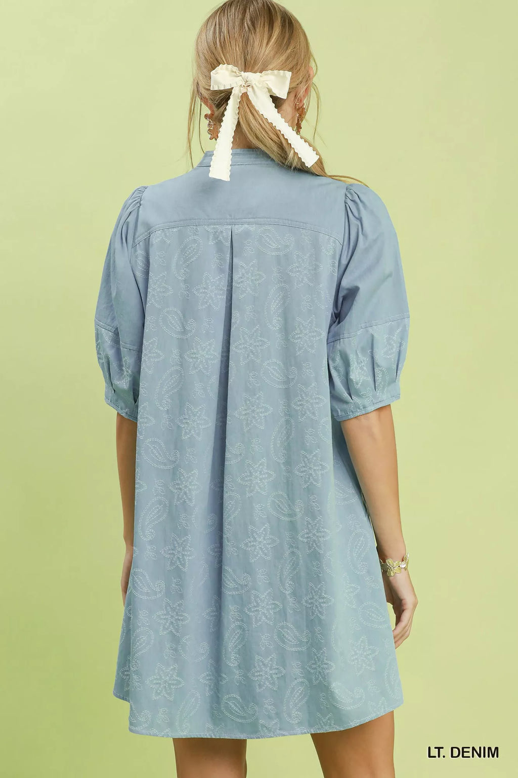 Umgee Print Denim Dress with Contrast Stitch LT. DENIM view 3 (dress) - umgee floral print dress, umgee - shop at us.meeeshop