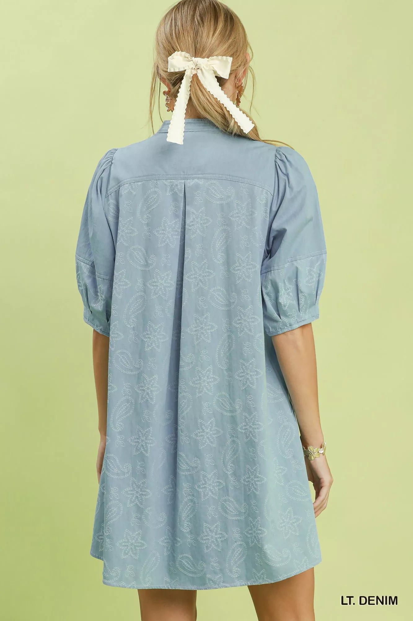 Umgee Print Denim Dress with Contrast Stitch LT. DENIM view 3 (dress) - umgee floral print dress, umgee - shop at us.meeeshop