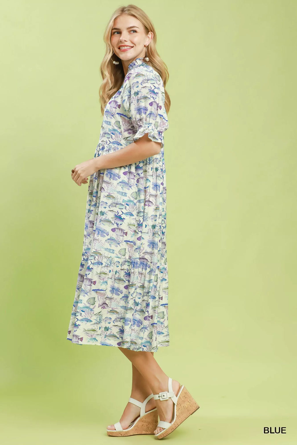 Umgee Print Tiered Midi Dress BLUE view 2 (dress) - umgee floral print dress, umgee animal print dress, - shop at us.meeeshop