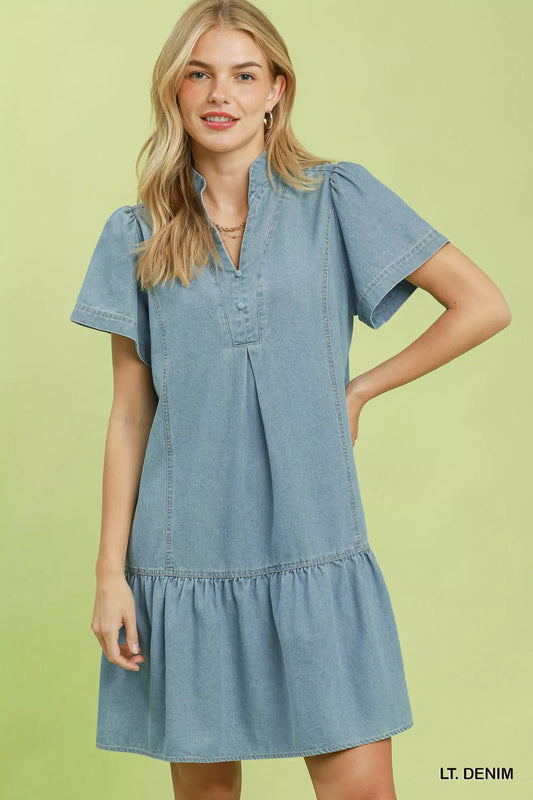 umgee ruffle hem Umgee Ruffle Hem Mini Denim Dress LT. DENIM (dress) - shop at us.meeeshop