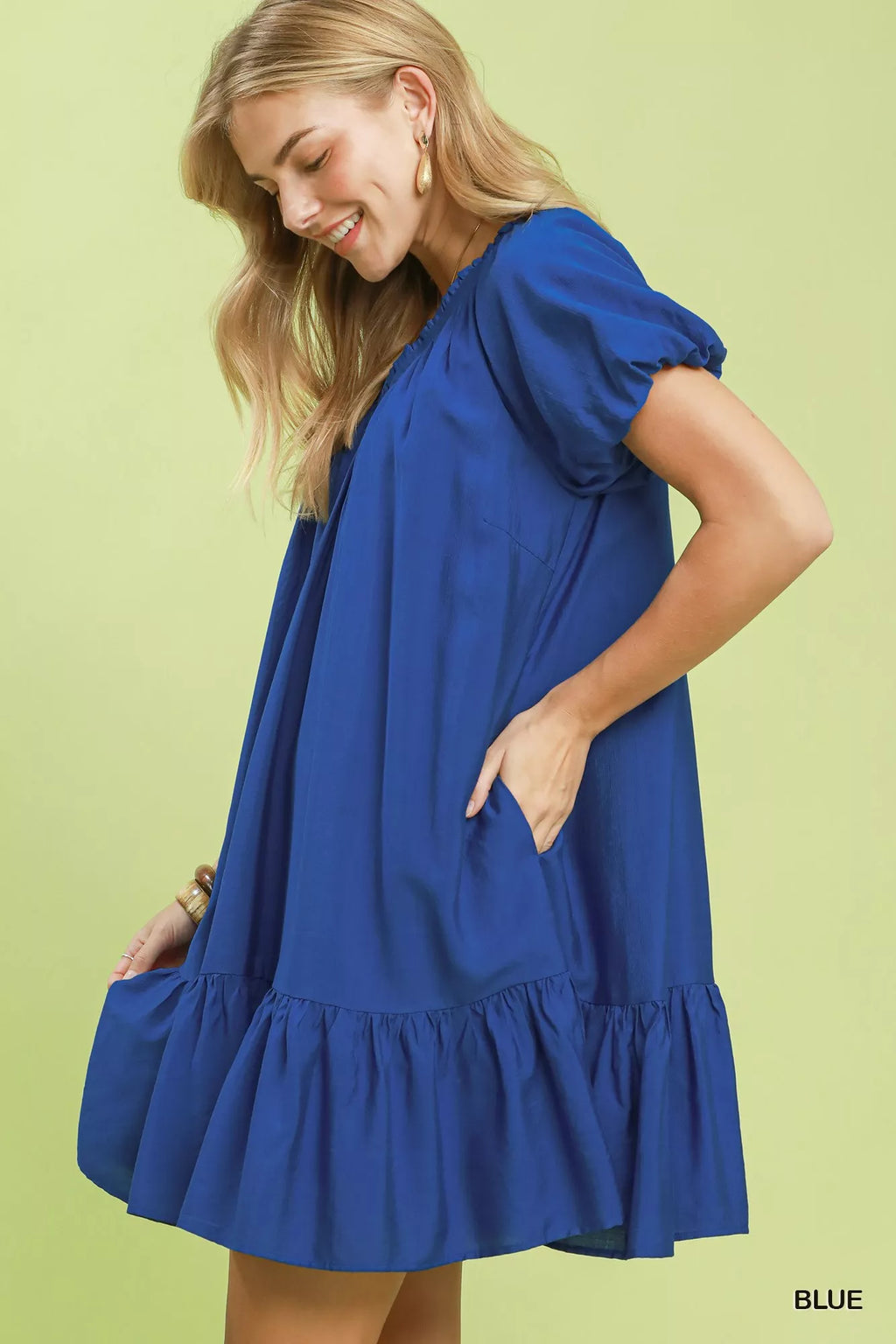 Umgee Ruffle Hem Shift Mini Dress BLUE view 2 (dress) - umgee ruffle sleeve dress, umgee ruffle neck dr - shop at us.meeeshop