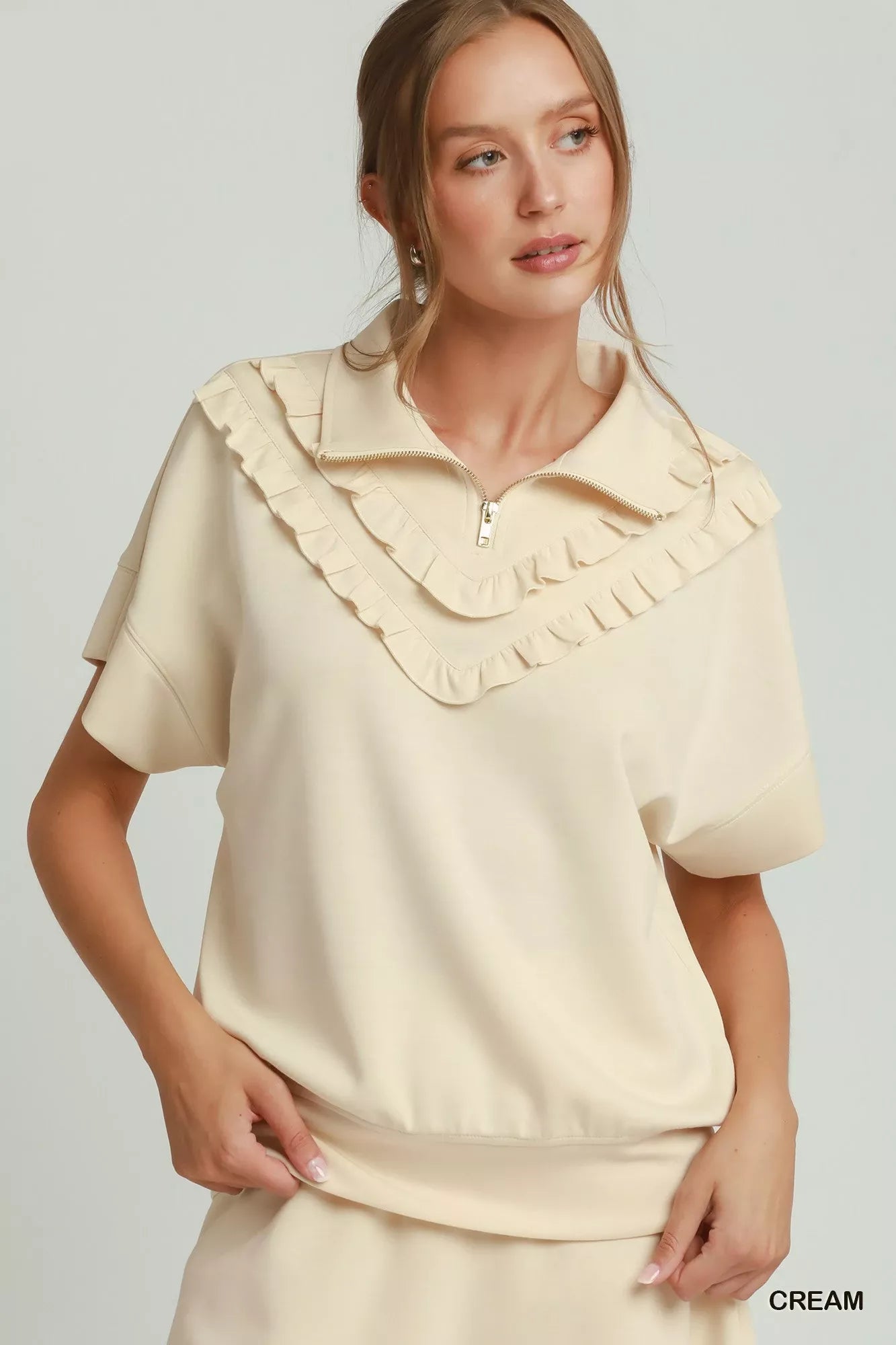 umgee ruffle quarter Umgee Ruffle Quarter Zip Short Sleeve Top CREAM (top) - shop at us.meeeshop