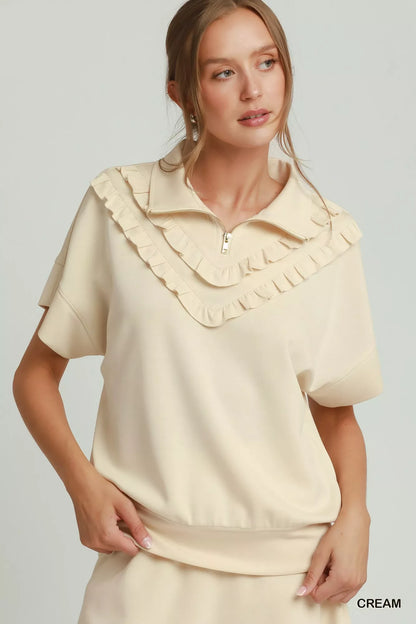 umgee ruffle quarter Umgee Ruffle Quarter Zip Short Sleeve Top CREAM (top) - shop at us.meeeshop