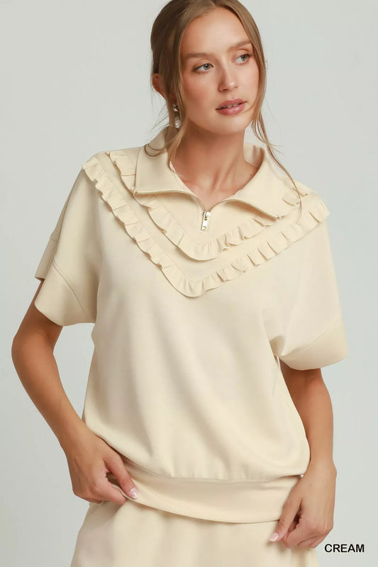 umgee ruffle quarter Umgee Ruffle Quarter Zip Short Sleeve Top CREAM (top) - shop at us.meeeshop