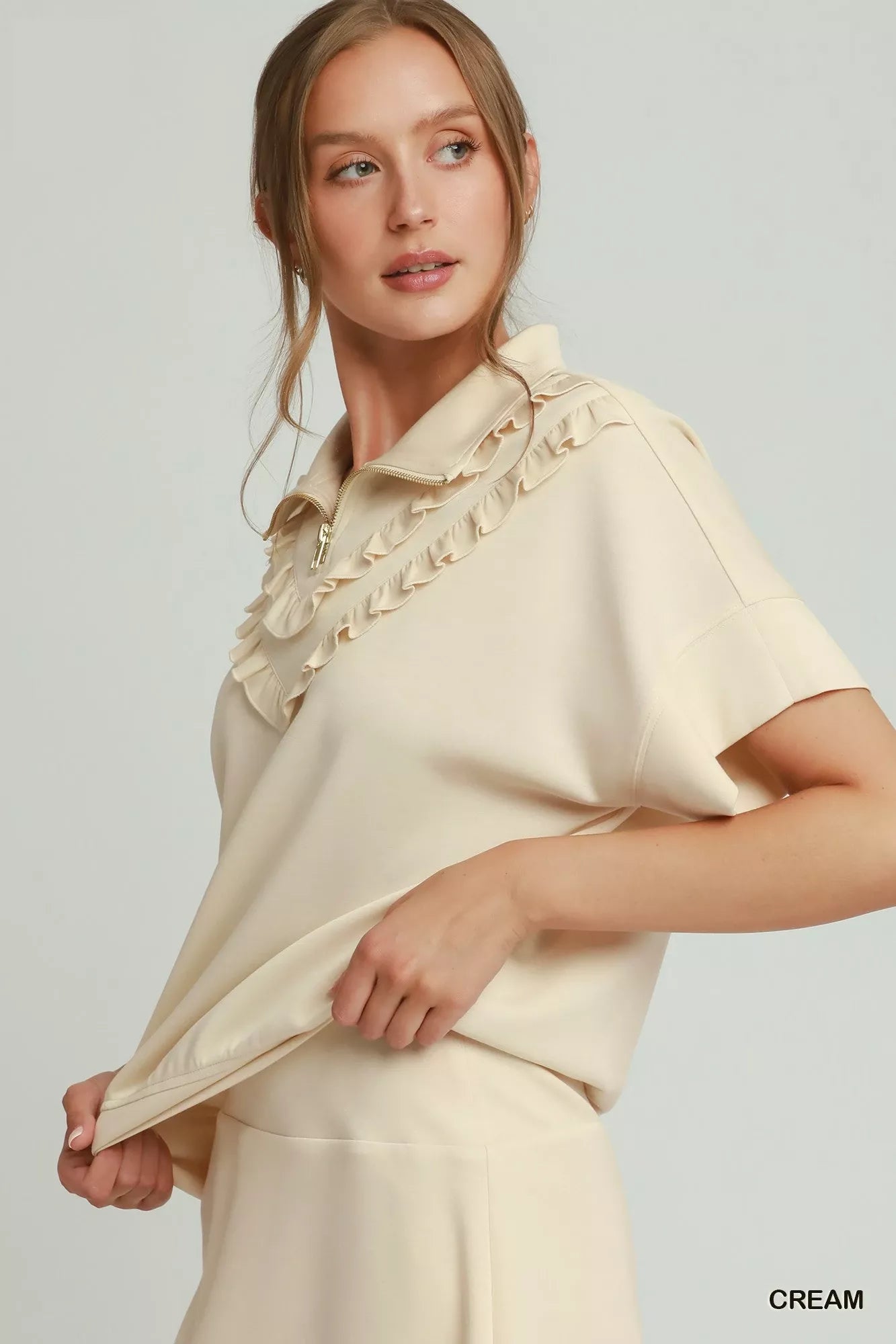 umgee ruffle quarter Umgee Ruffle Quarter Zip Short Sleeve Top view 2 (top) - shop at us.meeeshop