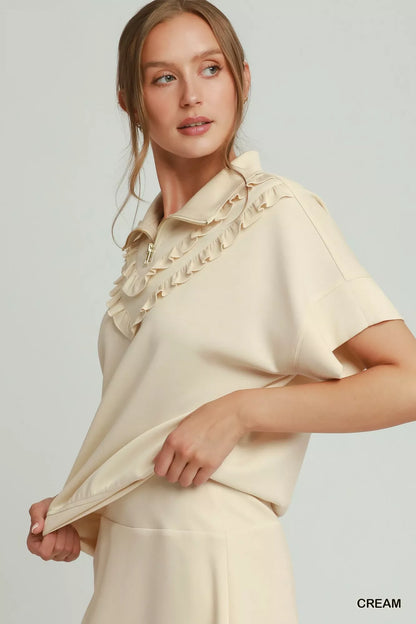umgee ruffle quarter Umgee Ruffle Quarter Zip Short Sleeve Top view 2 (top) - shop at us.meeeshop