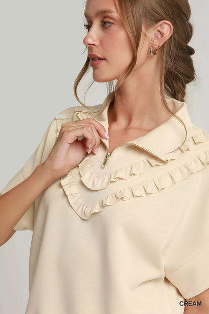 umgee ruffle quarter Umgee Ruffle Quarter Zip Short Sleeve Top view 4 (top) - shop at us.meeeshop
