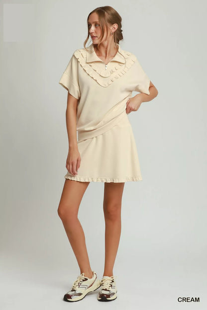 umgee ruffle quarter Umgee Ruffle Quarter Zip Short Sleeve Top view 5 (top) - shop at us.meeeshop