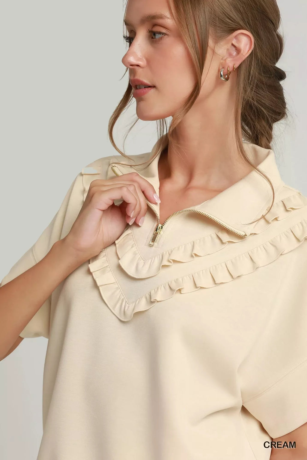 Umgee Ruffle Quarter Zip Short Sleeve Top view 4 (top) - umgee ruffle sleeve top, umgee ruffle neck top - shop at us.meeeshop