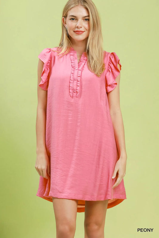 umgee ruffle sleeve Umgee Ruffle Sleeve Henley Shift Dress PEONY (dress) - shop at us.meeeshop