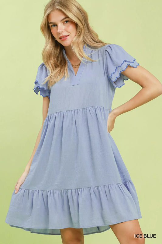 umgee scallop flutter Umgee Scallop Flutter Sleeve Tiered Mini Dress ICE BLUE (dress) - shop at us.meeeshop