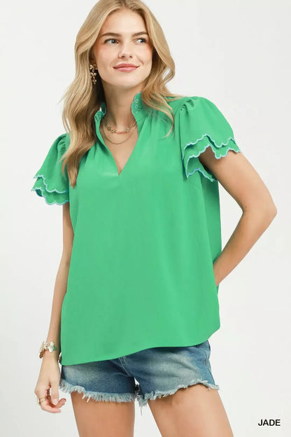 umgee scalloped ruffle Umgee Scalloped Ruffle Sleeve Top JADE (top) - shop at us.meeeshop