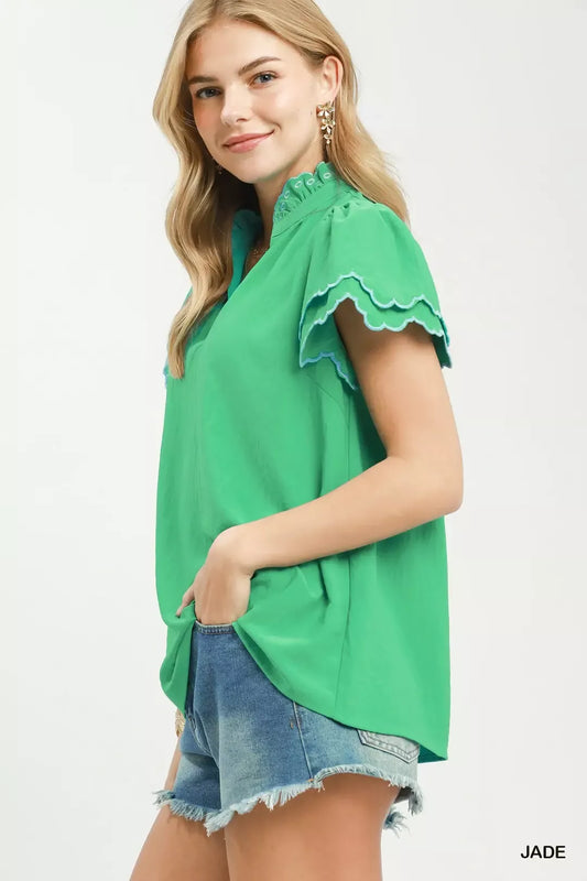 umgee scalloped ruffle Umgee Scalloped Ruffle Sleeve Top view 2 (top) - shop at us.meeeshop