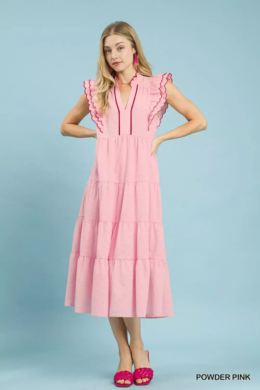 umgee seersucker ruffle Umgee Seersucker Ruffle Sleeve Tiered Midi Dress view 3 (dress) - shop at us.meeeshop