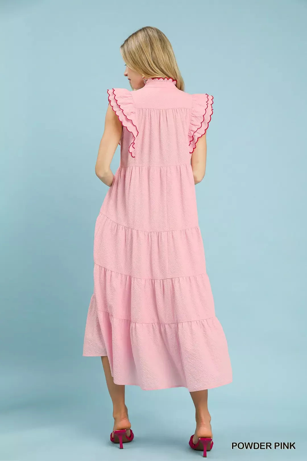 umgee seersucker ruffle Umgee Seersucker Ruffle Sleeve Tiered Midi Dress view 4 (dress) - shop at us.meeeshop