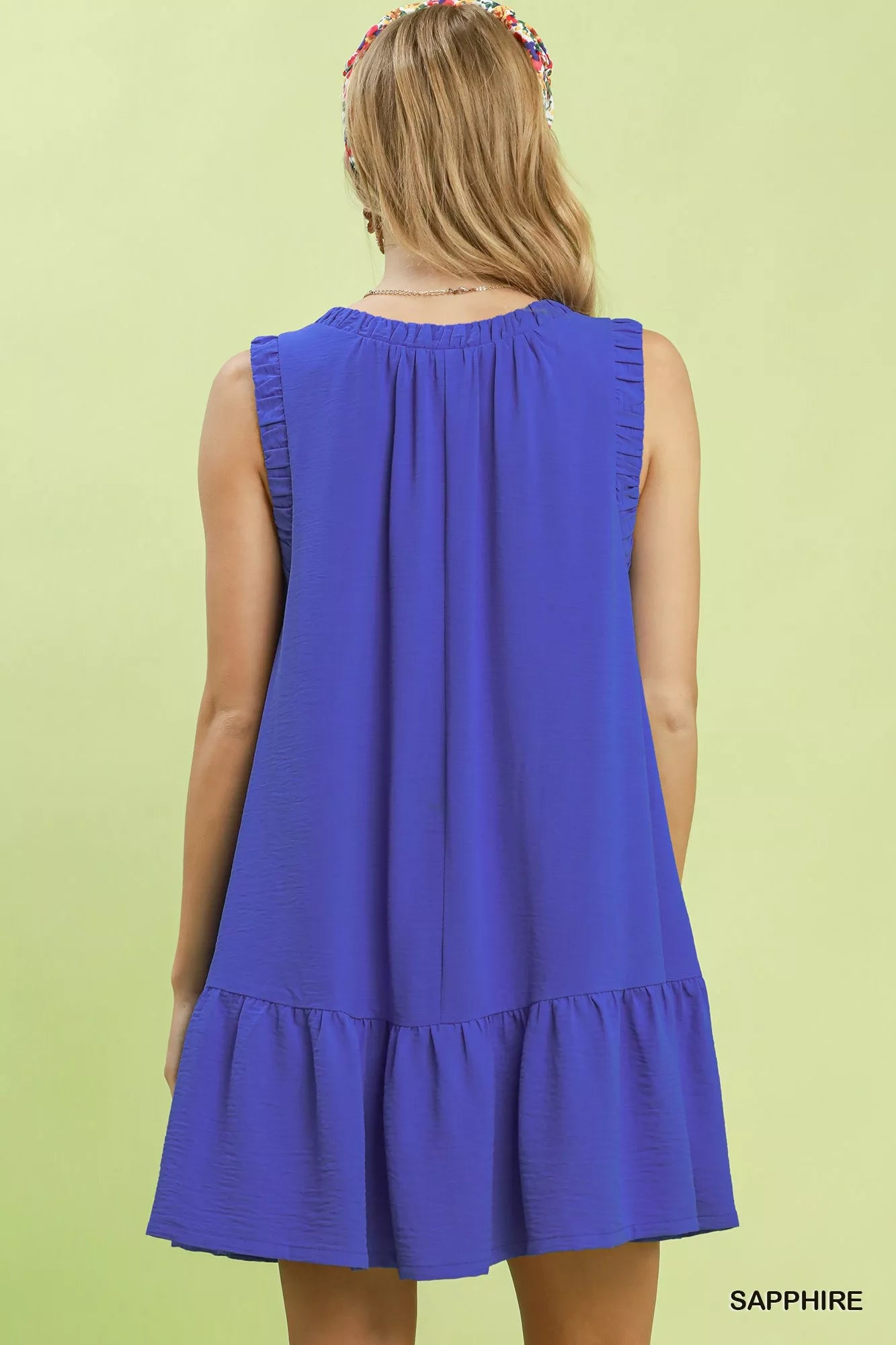 Umgee Sleeveless Ruffle Trim Drop Waist Mini Dress SAPPHIRE view 3 (dress) - what to wear over a sleeve - shop at us.meeeshop