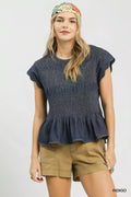 Umgee Smocked Peplum Top with Scalloped Ruffle Cap Sleeves INDIGO (top) - what is smocked top, what is  - shop at us.meeeshop