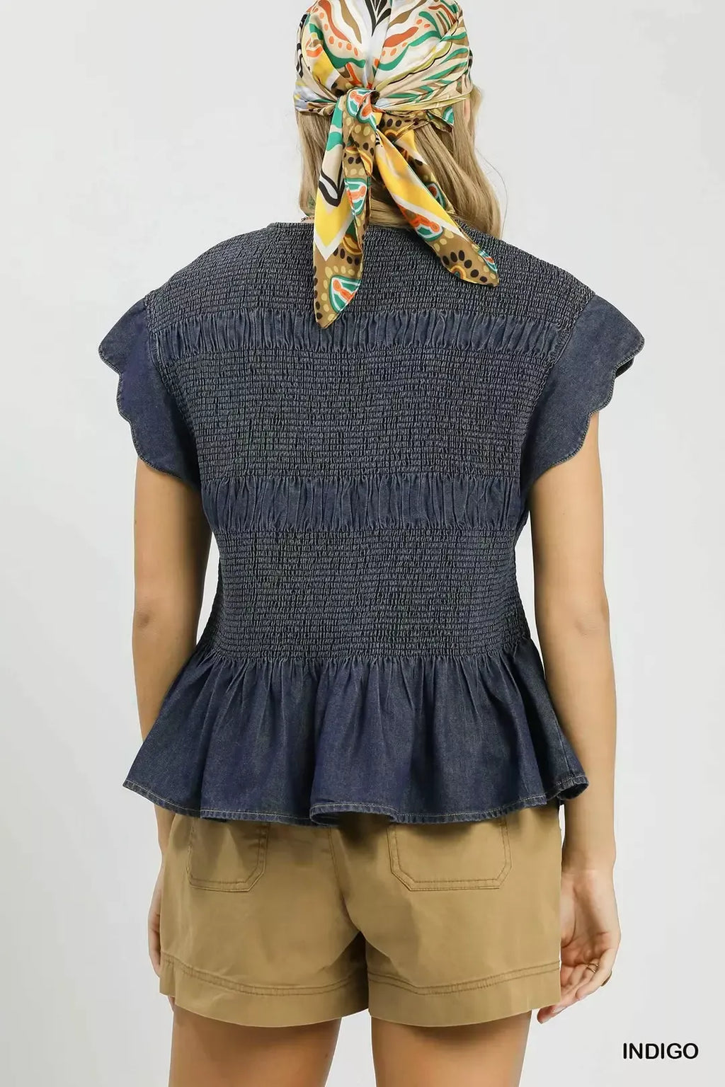 Umgee Smocked Peplum Top with Scalloped Ruffle Cap Sleeves INDIGO view 3 (top) - what is smocked top, w - shop at us.meeeshop