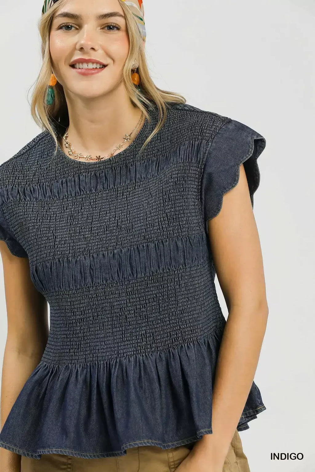 Umgee Smocked Peplum Top with Scalloped Ruffle Cap Sleeves view 4 (top) - what is smocked top, what is  - shop at us.meeeshop