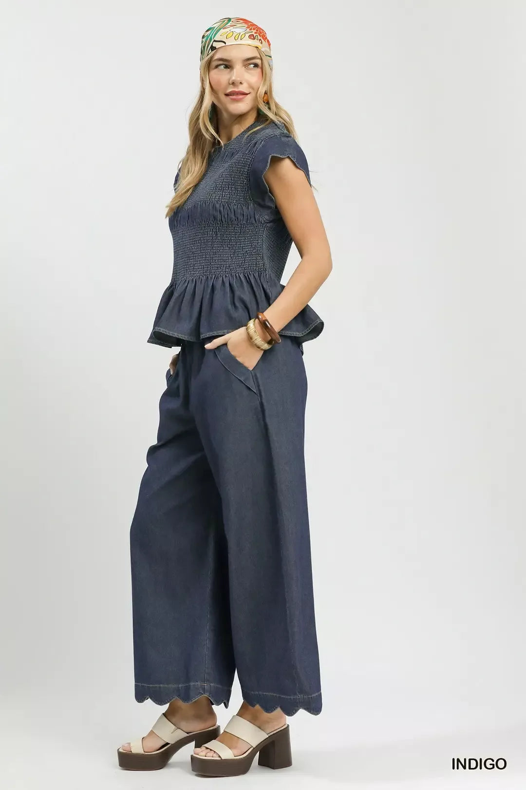 Umgee Smocked Peplum Top with Scalloped Ruffle Cap Sleeves view 6 (top) - what is smocked top, what is  - shop at us.meeeshop