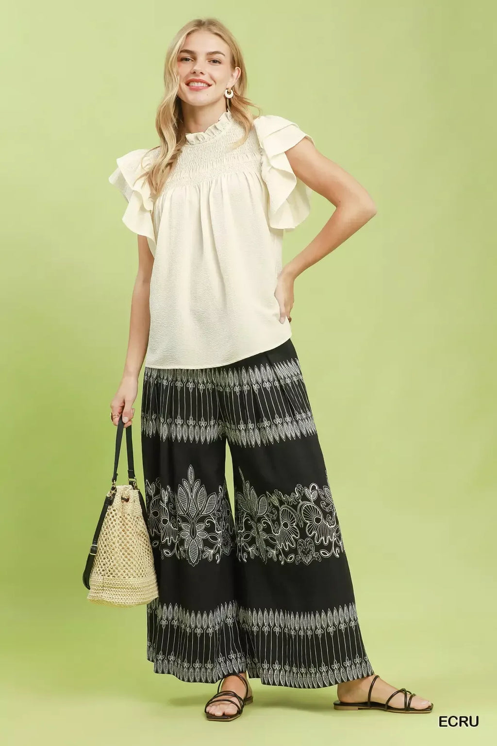 Umgee Smocked Ruffle Sleeve Textured Top view 4 (top) - what is smocked top, what is smocked clothing,  - shop at us.meeeshop