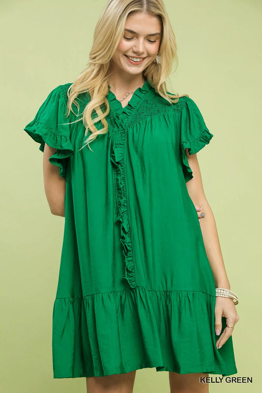 umgee smocked ruffle Umgee Smocked Ruffle Babydoll Mini Dress KELLY GREEN (dress) - shop at us.meeeshop