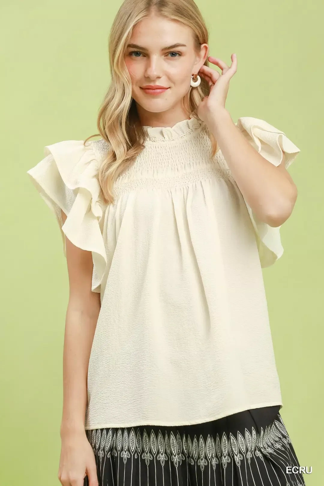 umgee smocked ruffle Umgee Smocked Ruffle Sleeve Textured Top ECRU (top) - shop at us.meeeshop