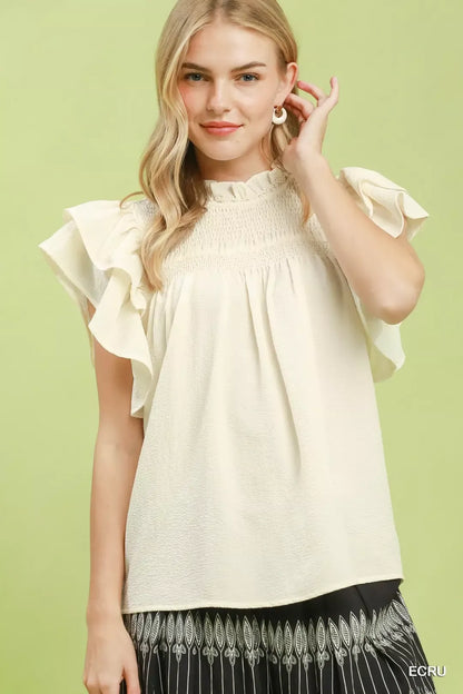 umgee smocked ruffle Umgee Smocked Ruffle Sleeve Textured Top ECRU (top) - shop at us.meeeshop
