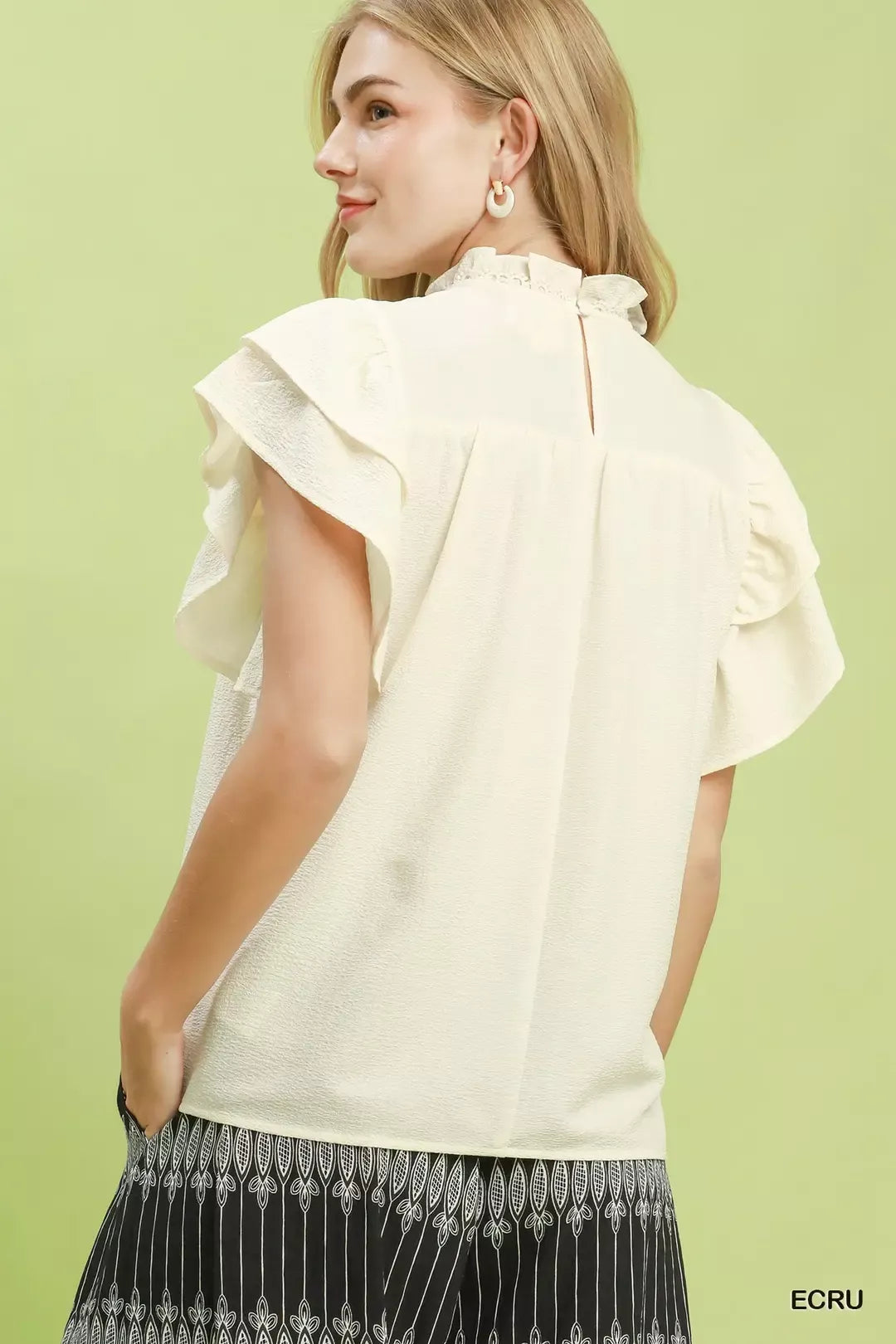 umgee smocked ruffle Umgee Smocked Ruffle Sleeve Textured Top view 3 (top) - shop at us.meeeshop