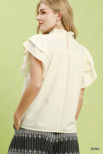umgee smocked ruffle Umgee Smocked Ruffle Sleeve Textured Top view 3 (top) - shop at us.meeeshop