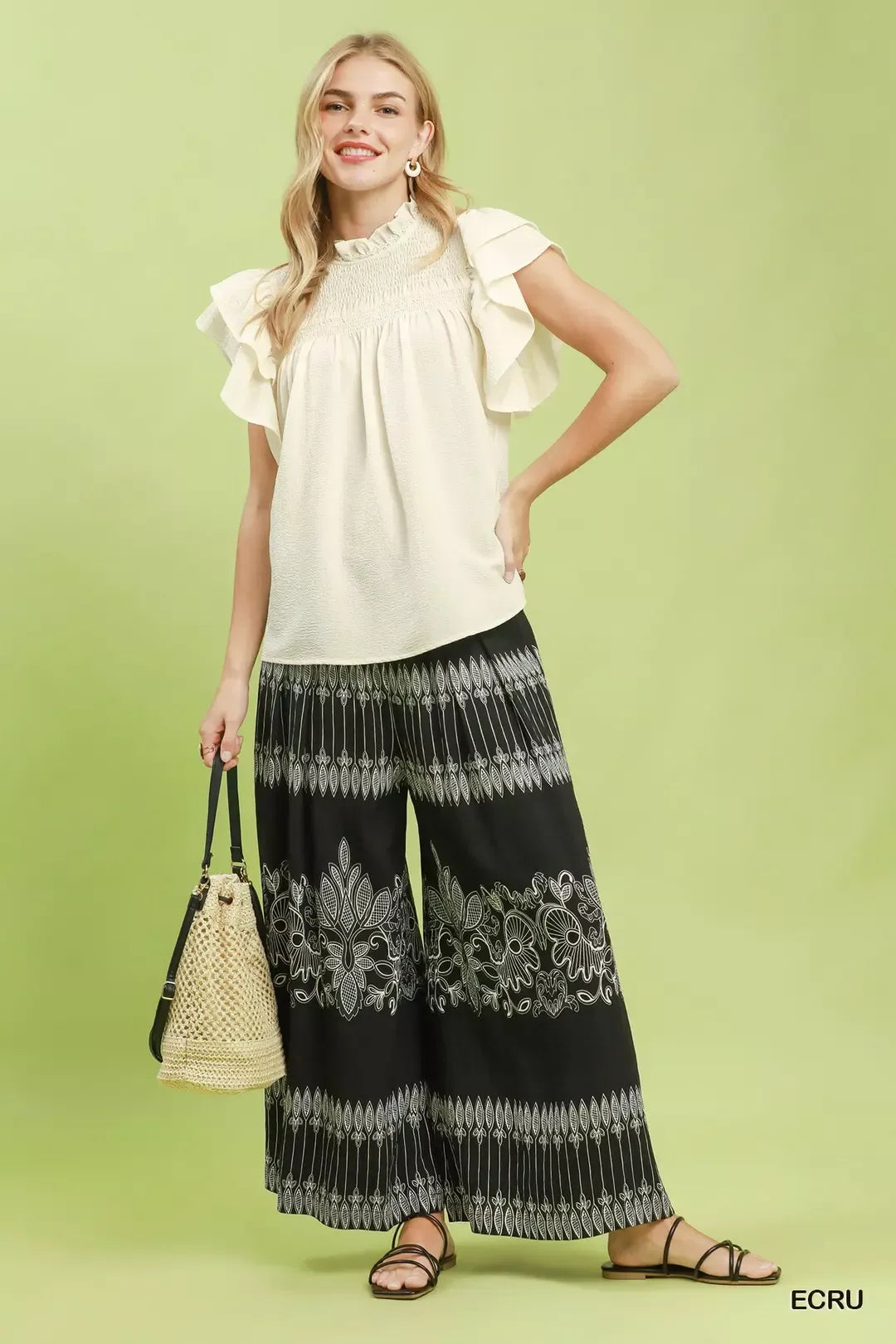 umgee smocked ruffle Umgee Smocked Ruffle Sleeve Textured Top view 4 (top) - shop at us.meeeshop