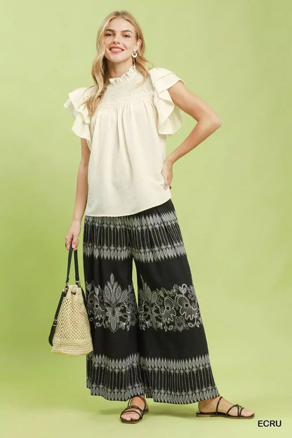umgee smocked ruffle Umgee Smocked Ruffle Sleeve Textured Top view 4 (top) - shop at us.meeeshop
