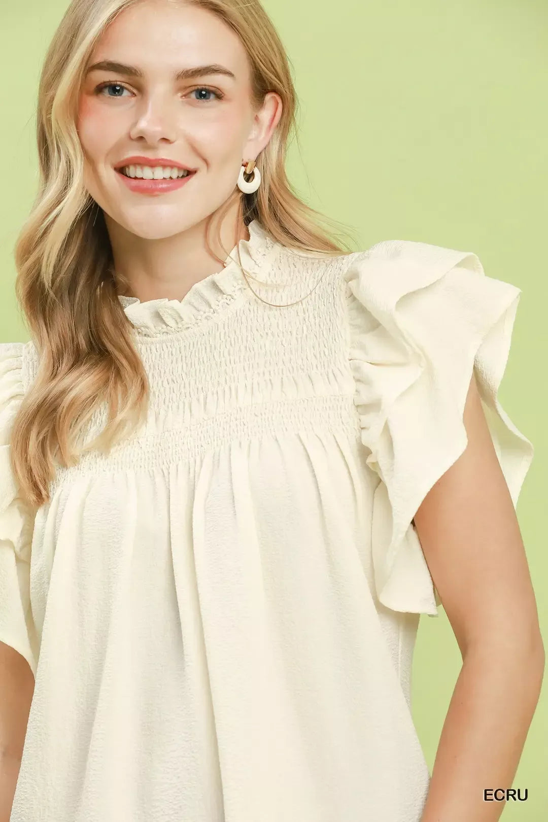 umgee smocked ruffle Umgee Smocked Ruffle Sleeve Textured Top view 5 (top) - shop at us.meeeshop